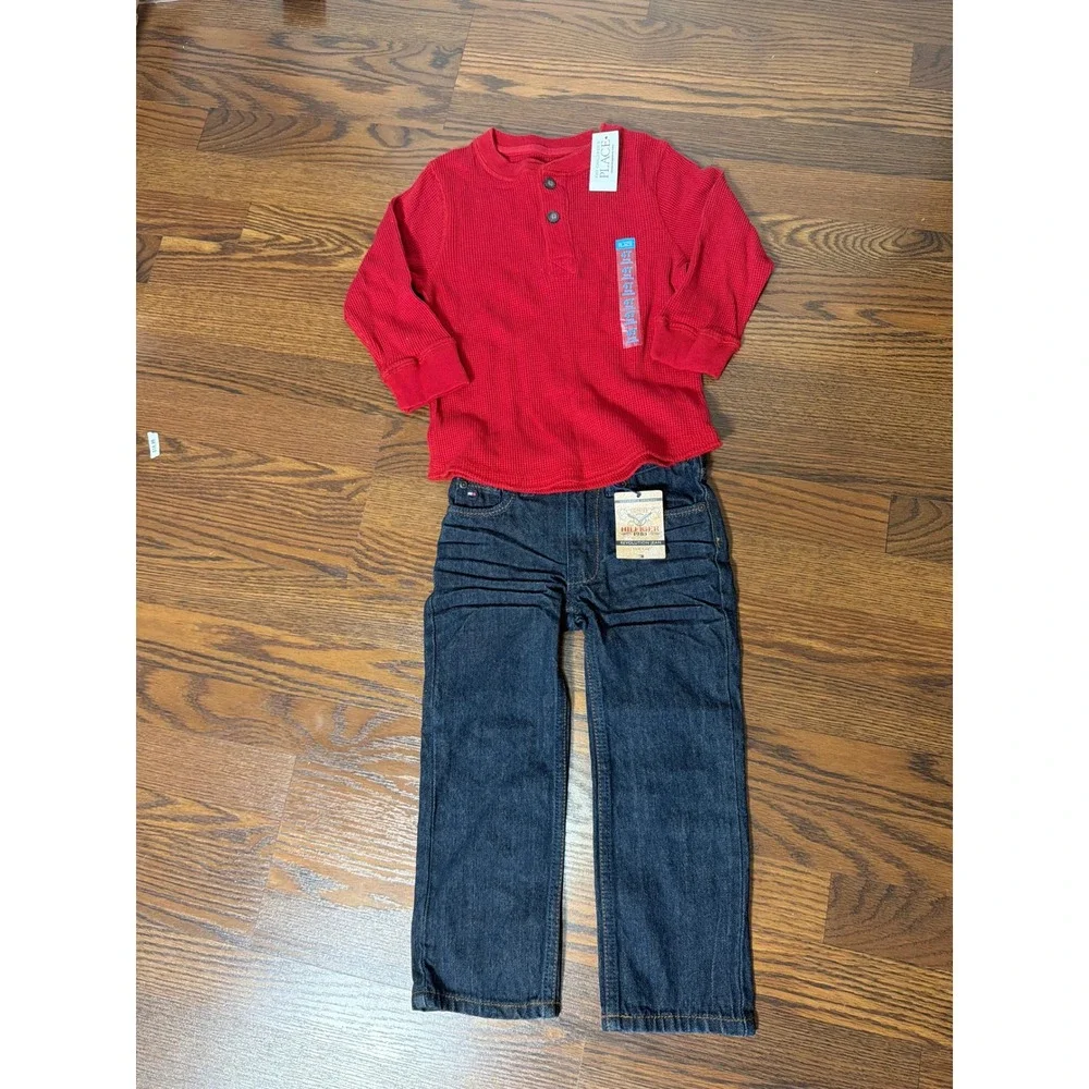 New Boys 4T Tommy Hilfiger Slim Jeans & Childrens Place Red Henley Outfit Set
